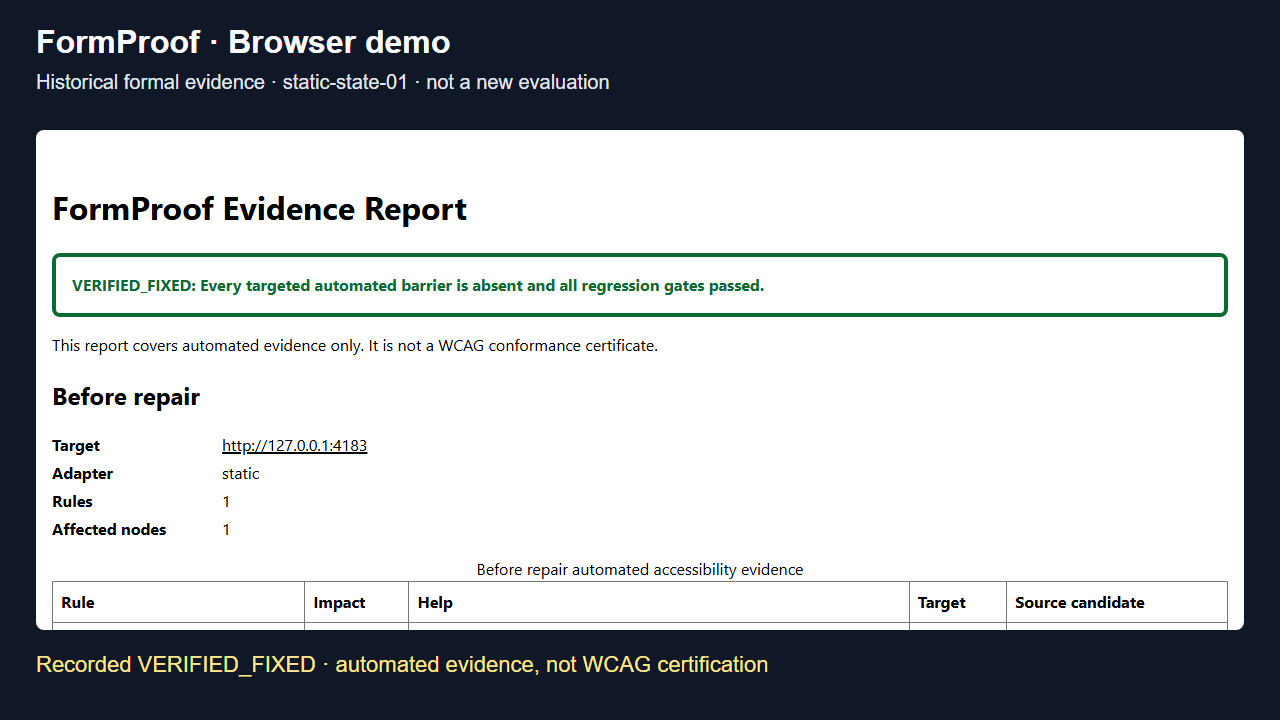 FormProof historical static-state-01 automated evidence report