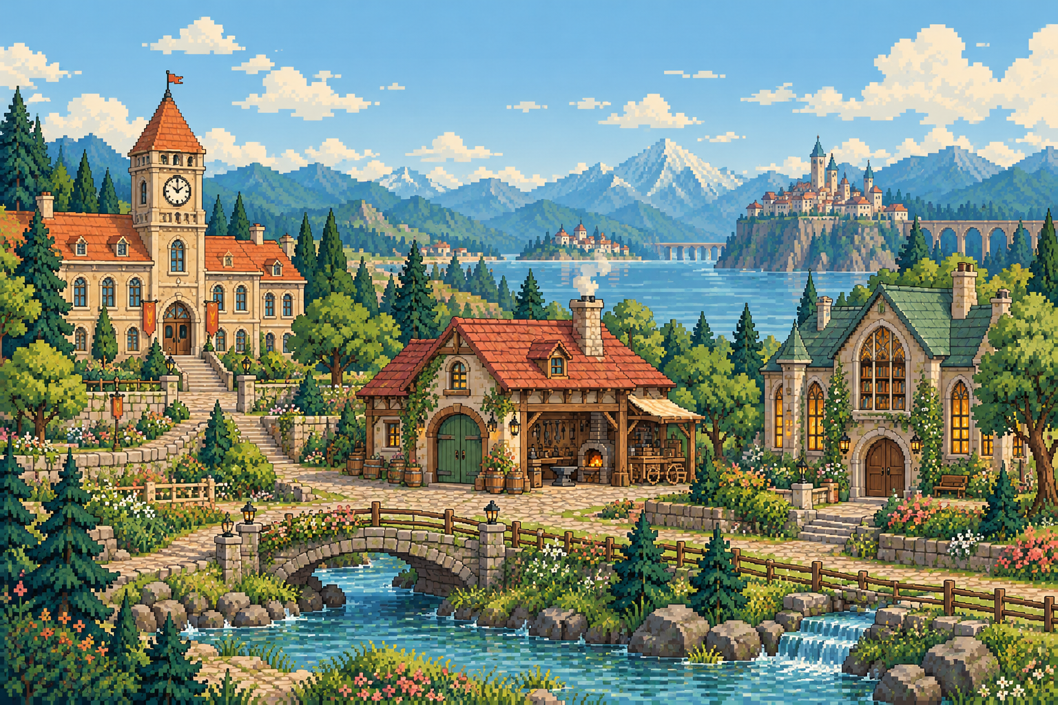 A cozy pixel-art town with a campus, repair workshop, and library linked by garden paths